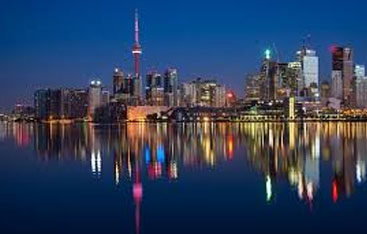 The Toronto skyline in the evening.
