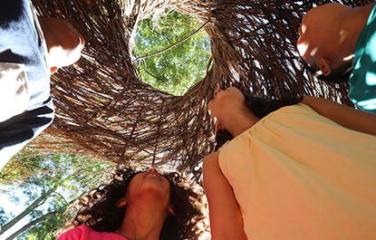 Children playing outdoors in the Cohon Family Nature Escape.
