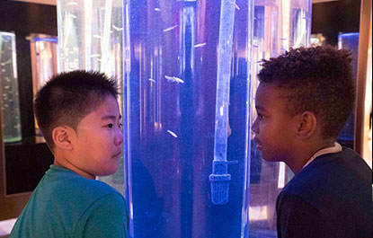 Two boys explore the Weston Family Innovation Centre.