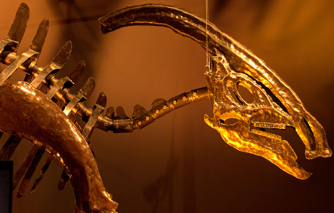 A large metal dinosaur.