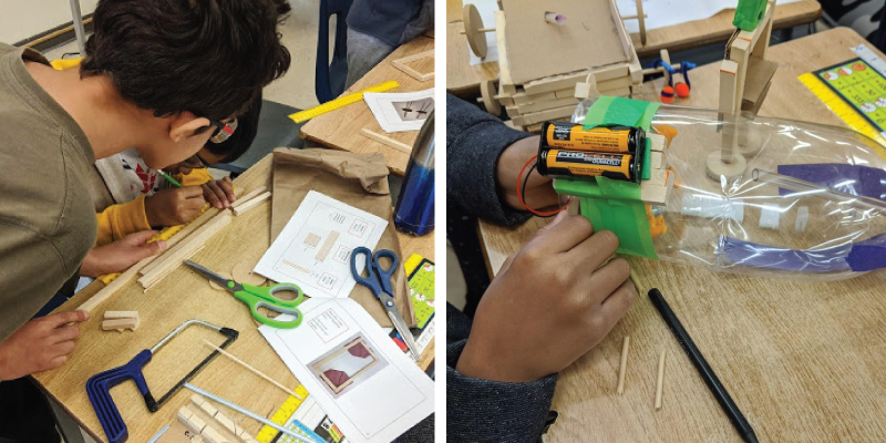 Series of two photographs showing students designing and building engineering projects.
