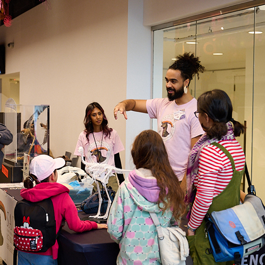 A dinosaur enthusiast presents to a group of girls.