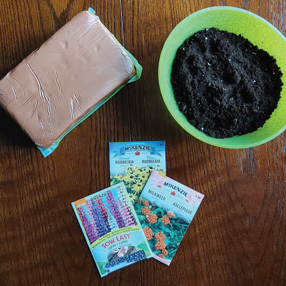 Materials for making seed balls including a brick of clay, 3 packets of different seeds and a bowl of soil.