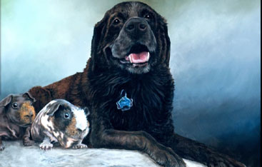 A painting of a dog and two guinea pigs.