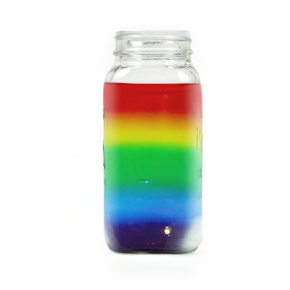 A jar full of layered coloured liquid.