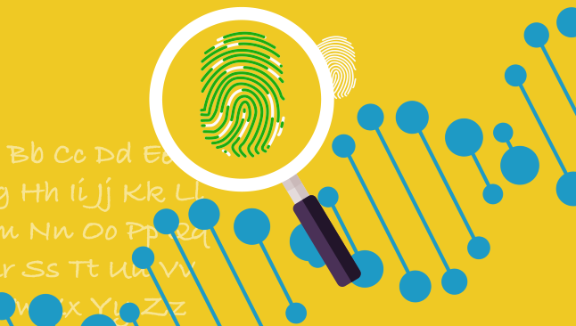 An illustration of a magnifying glass showing a fingerprint, with a strand of DNA in the background.