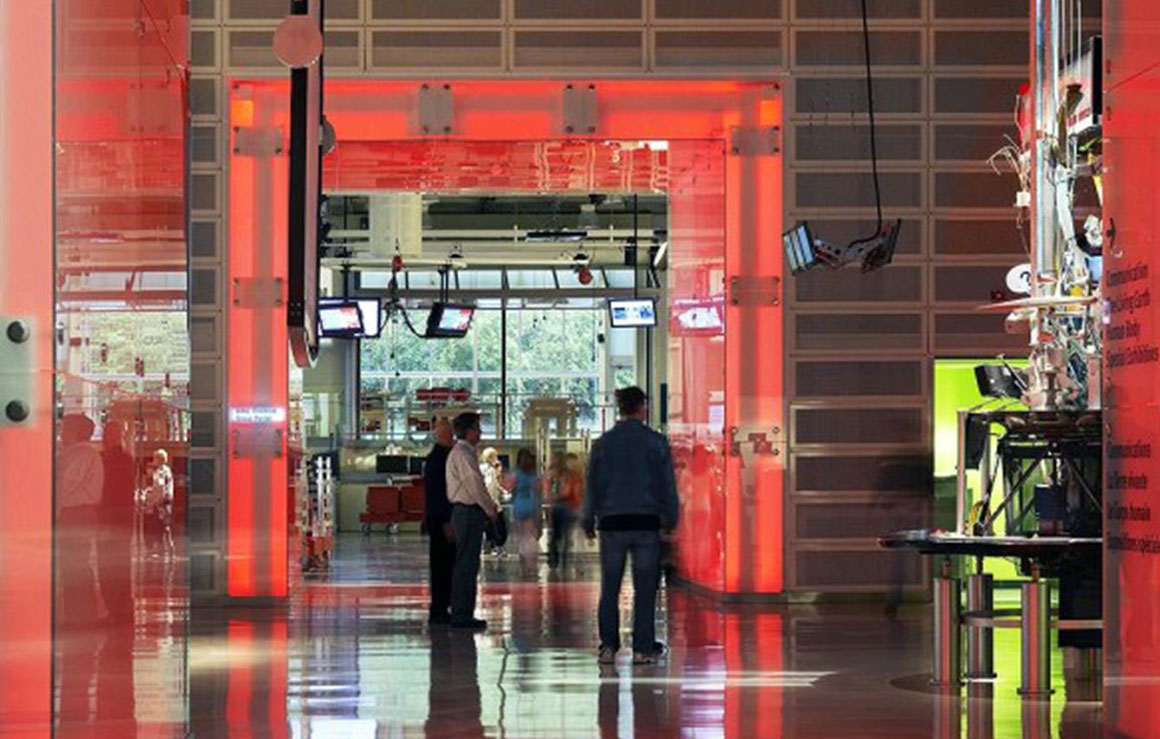 The glowing portals of the Science Centre.