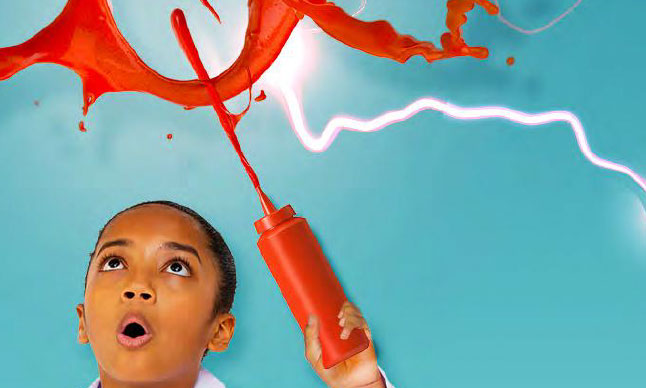 A boy squeezes ketchup into the air which is struck by lightning.