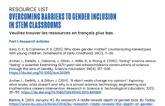Image of the PDF Resource List: Overcoming Barriers to Gender Inclusion in STEM Classrooms