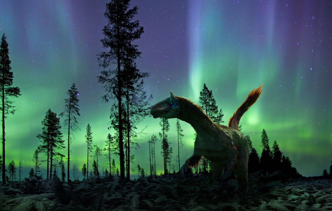 A dinosaur with the northern lights in the background.