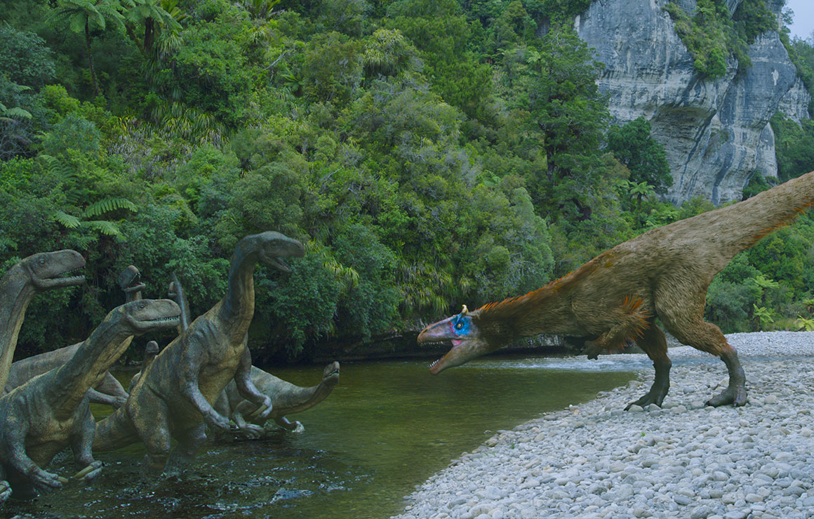 A dinosaur confronting another group of dinosaurs.