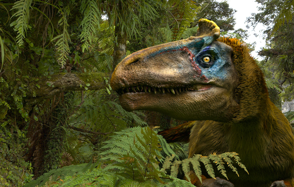 A dinosaur surrounded by plants.