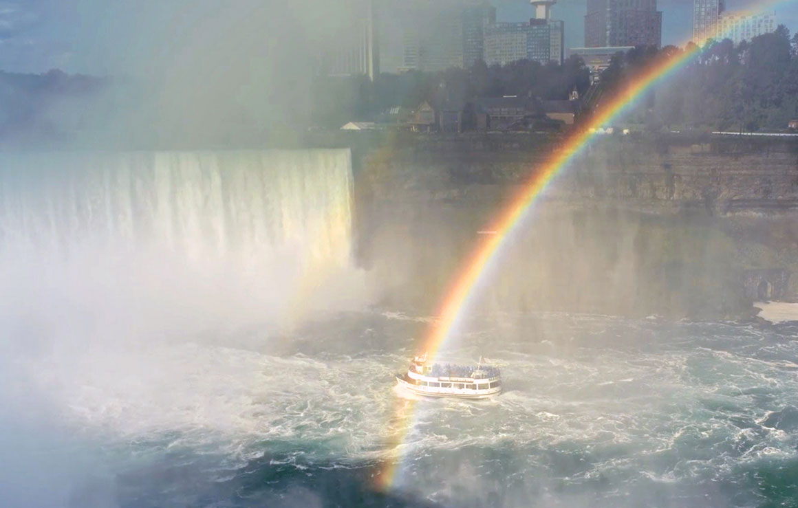A rainbow over Niagara Falls.