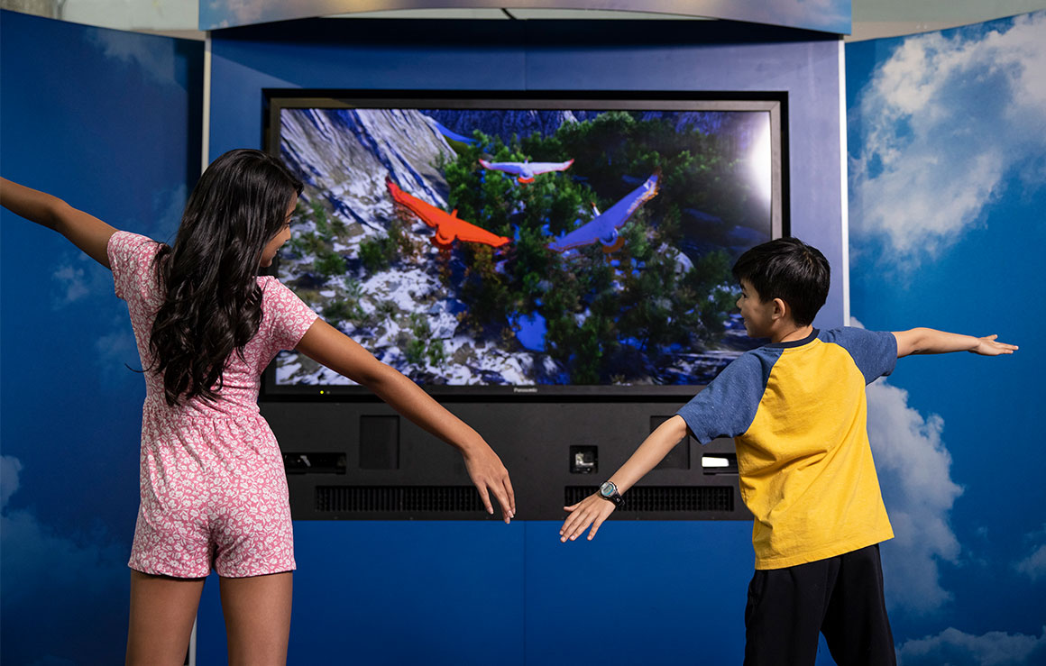 Two children using a bird flying simulator.