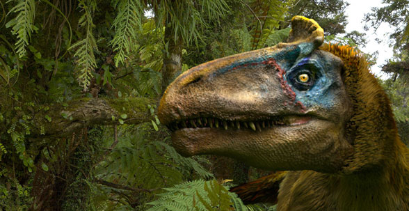 A dinosaur in a forest.