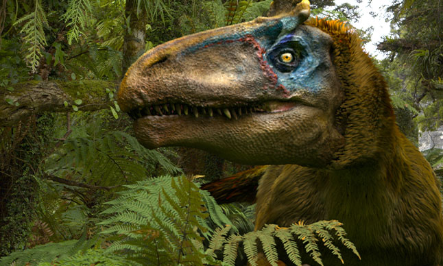 A dinosaur in a forest.
