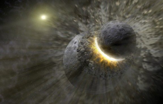 A massive object smashing into Earth, flinging material into space that became the moon.