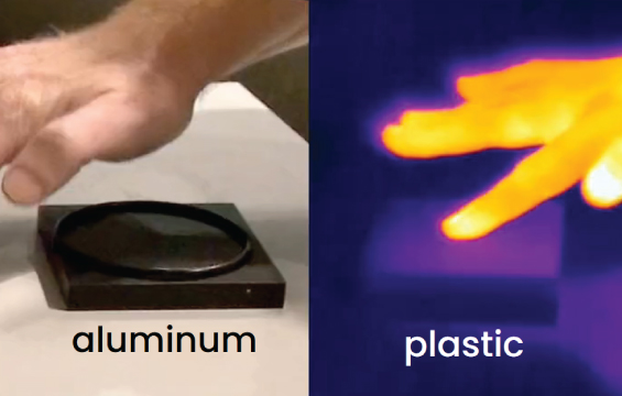 A split-screen view of a hand touching aluminum and a hand film in infrared touching plastic.