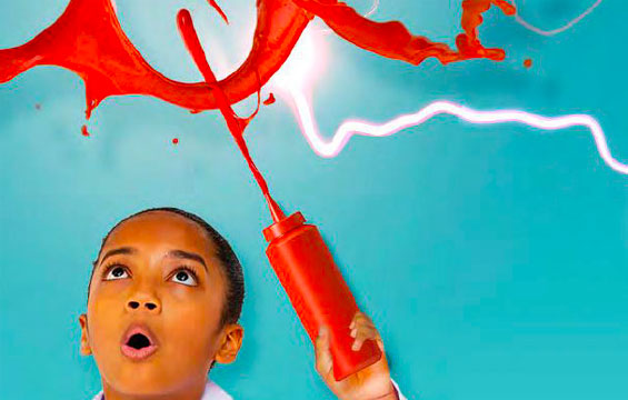 A boy squirting ketchup into a lightning-filled sky.