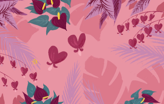 An illustration of heart-shaped plants on a pick background.