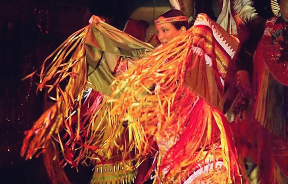 A woman in full regalia dances.