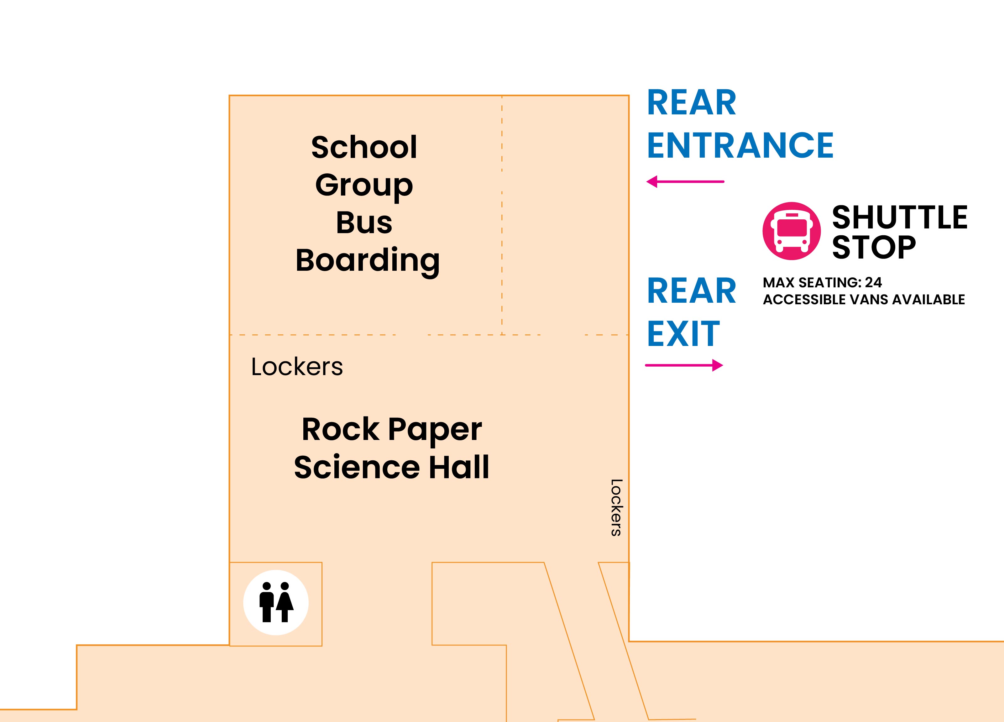 Map showing the location of rear entrance, rear exit and lockers on Level 6.