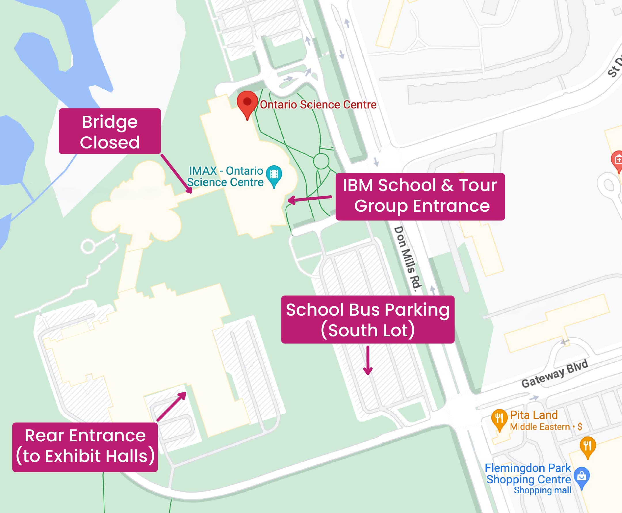Map showing the School Bus Parking Lot, IBM School Group Entrance and the Rear Entrance to the Science Centre.