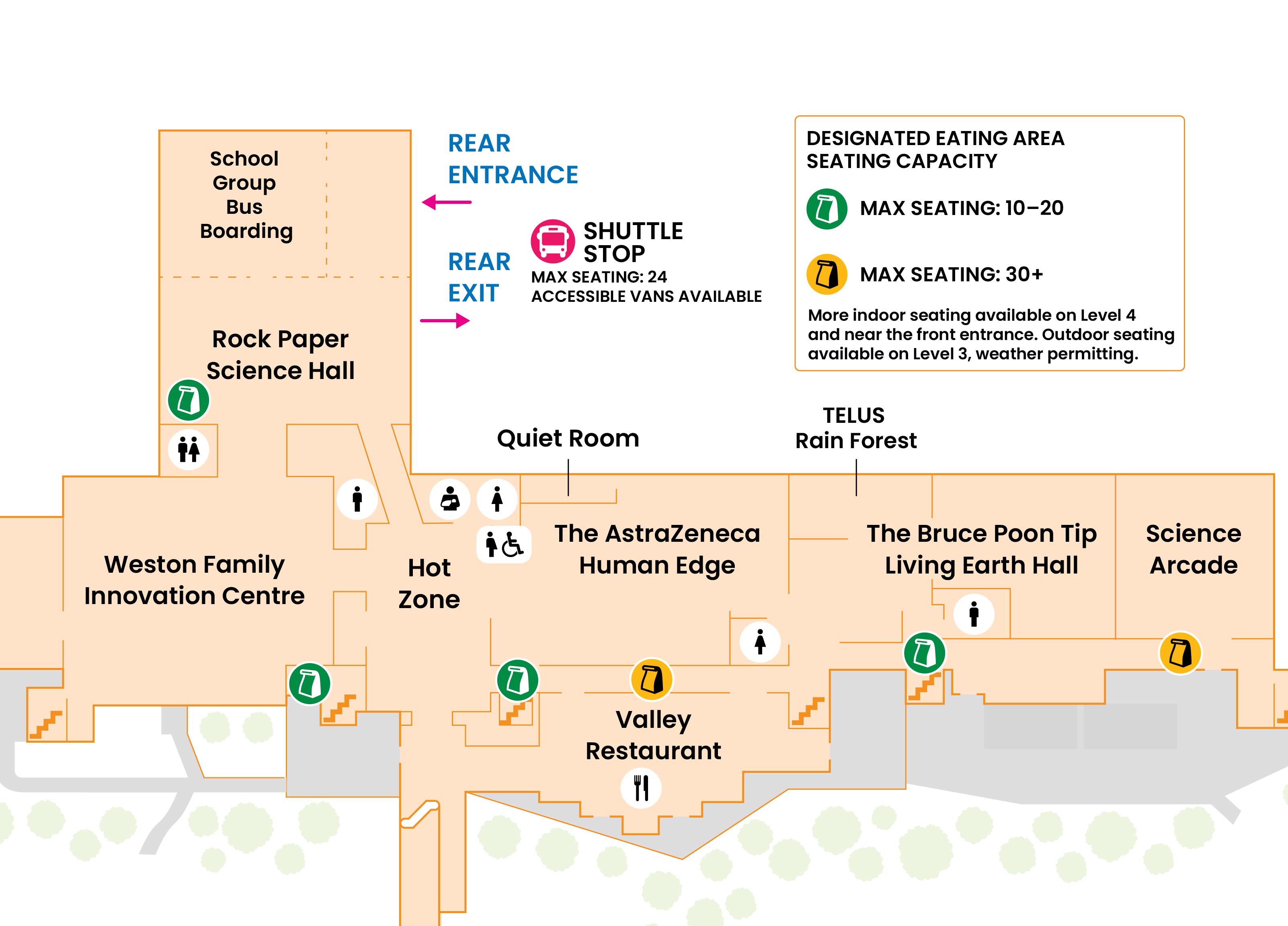 Map showing various areas on Level 6 with seating for eating lunch, and the estimated capacities of these areas.