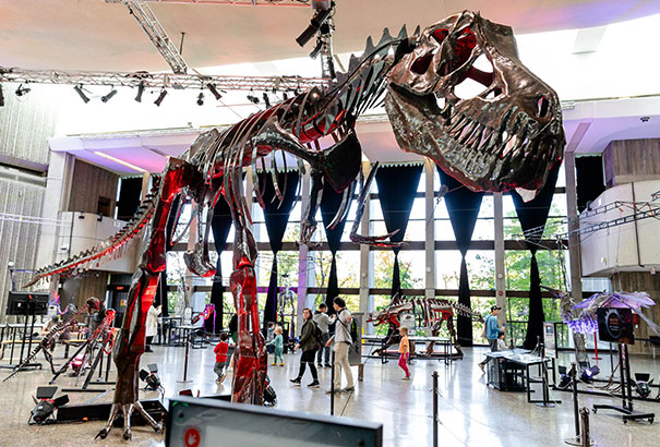 A metal T Rex sculpture.