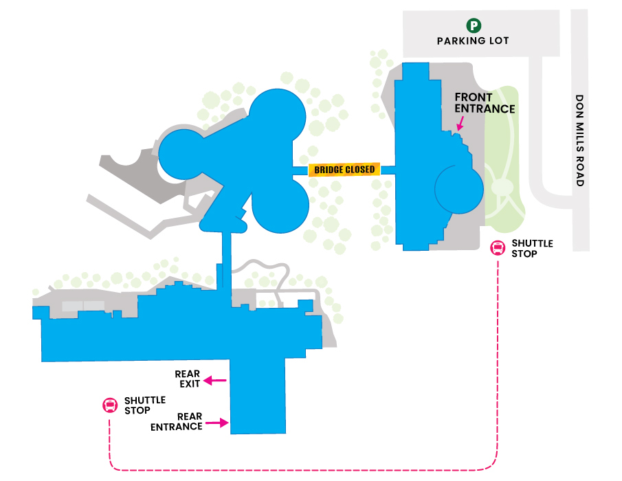 Map of the Ontario Science Centre showing the front and rear entrances.