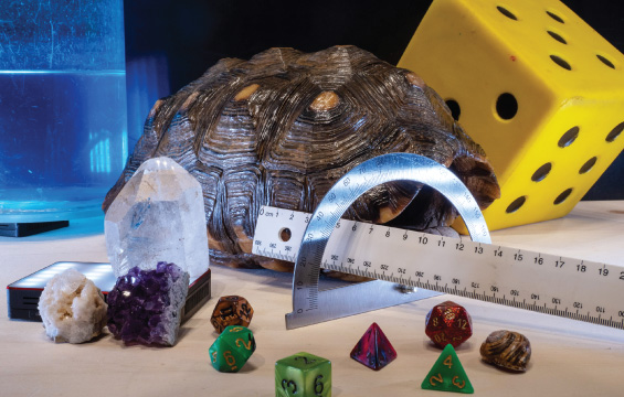 A series of objects including crystals, a ruler, a protractor, a tortoise shell and dice.