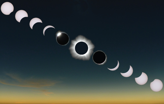 Time lapse of the total solar eclipse of November 14, 2012, as seen from the South Pacific near New Caledonia. This sequence of phases runs from lower right to upper left.