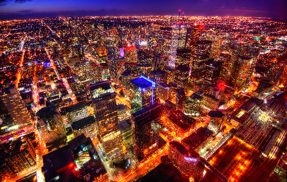 A city skyline at night.