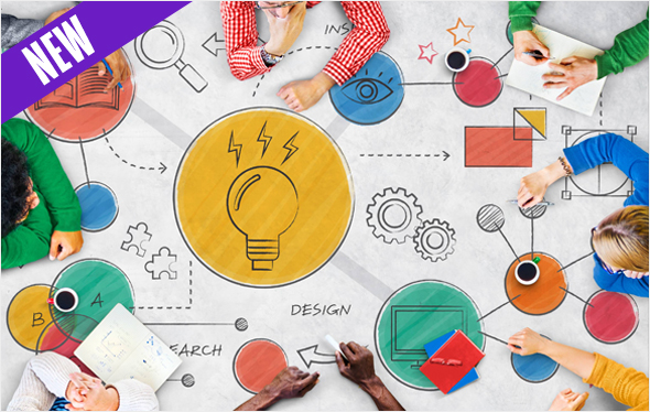 A graphic of a light bulb, computer, gears and books, with people brainstorming.