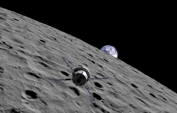Artist’s concept of Orion spacecraft flying over the Moon as the Earth rises.