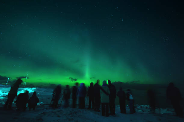 Un groupe de gens debout sur la neige observent une aurore boréale.