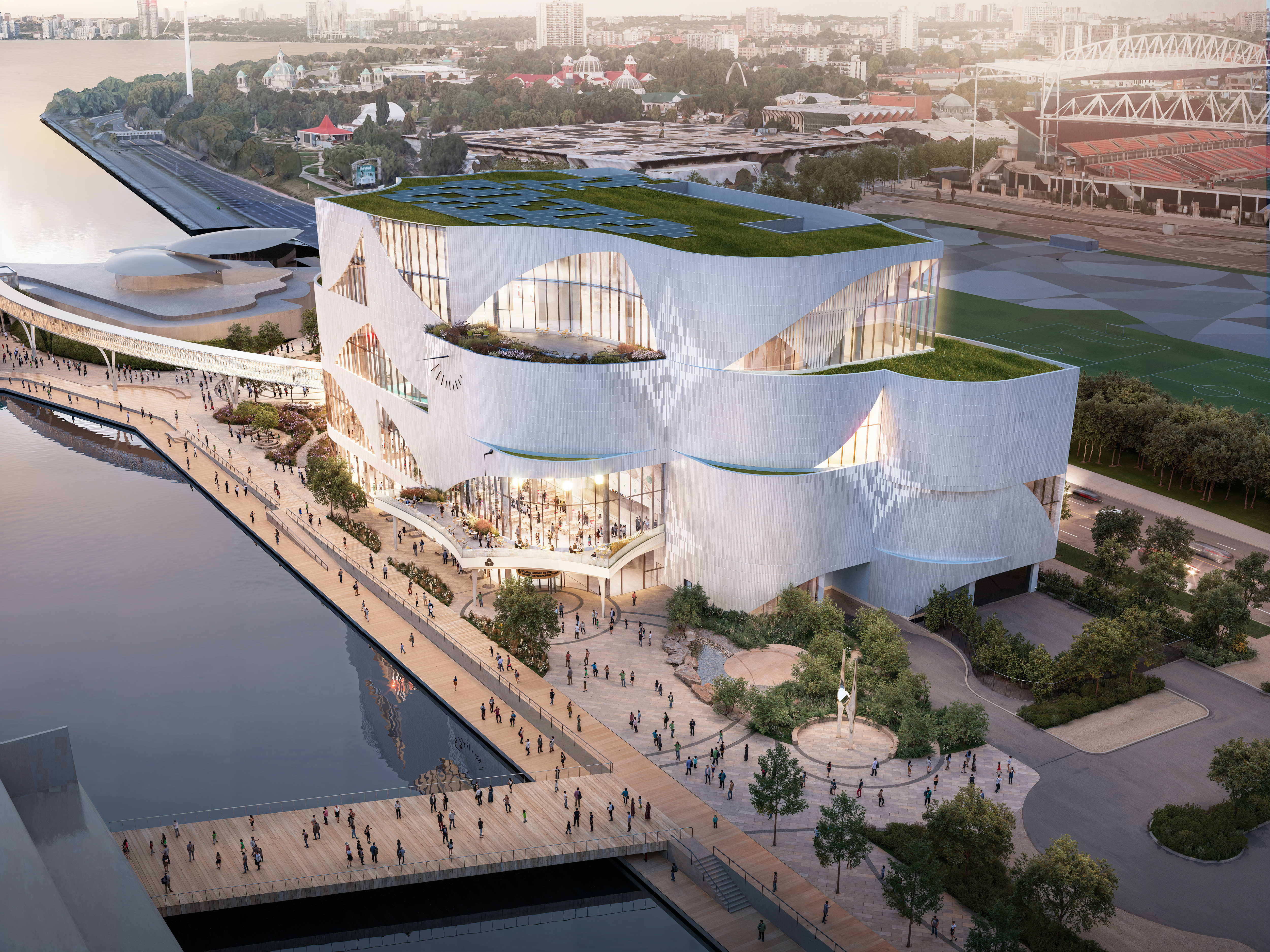 Ontario Science Centre – new building, facing northwest from above with view of green roof and solar panels.