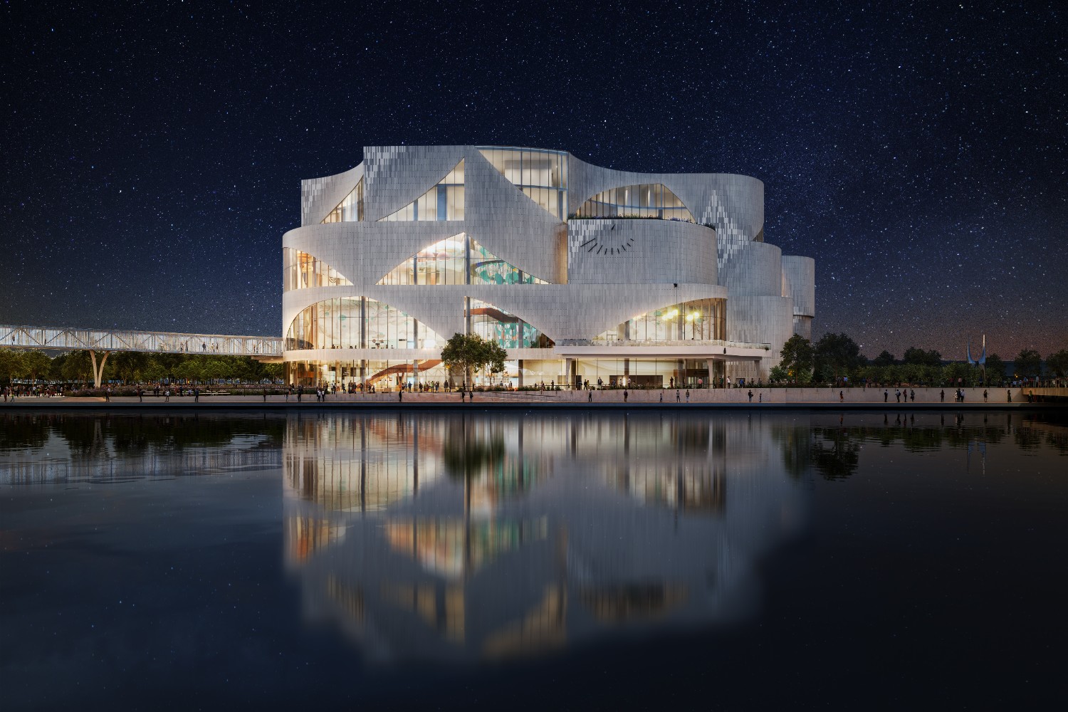 Ontario Science Centre – new building, south side facing north across water at night.