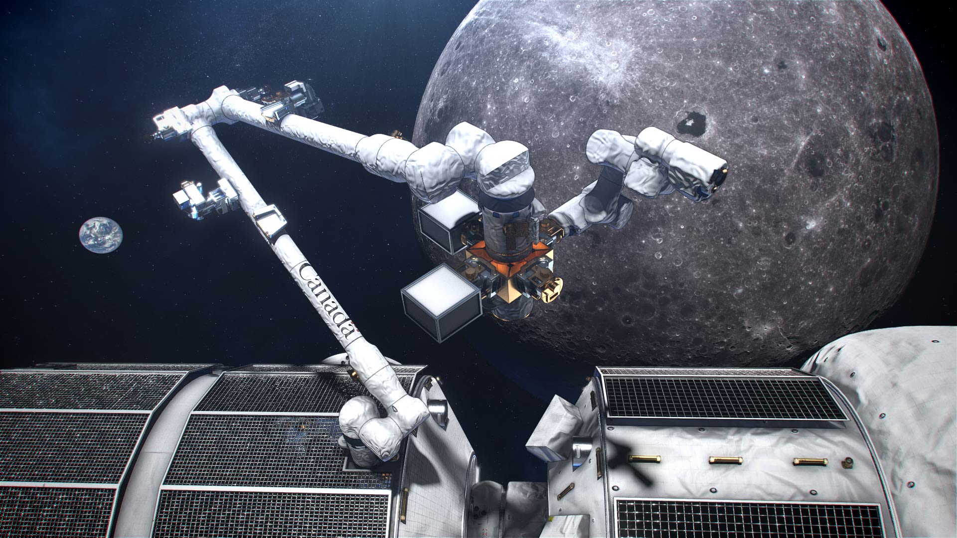 Artist's concept of Canadarm3 to be located on the Gateway, a small space station in orbit around the Moon.